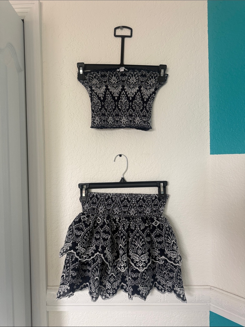 Black & White Paisley Smocked Mini Skirt with Matching Bandeau Top